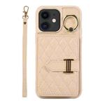 For iPhone 12 Horizontal Card Bag Ring Holder Phone Case with Dual Lanyard(Beige)