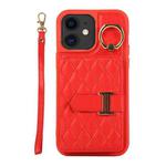 For iPhone 12 Horizontal Card Bag Ring Holder Phone Case with Dual Lanyard(Red)
