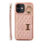 For iPhone 12 Horizontal Card Bag Ring Holder Phone Case with Dual Lanyard(Rose Gold)