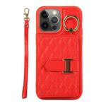 For iPhone 12 Pro Horizontal Card Bag Ring Holder Phone Case with Dual Lanyard(Red)