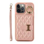 For iPhone 12 Pro Max Horizontal Card Bag Ring Holder Phone Case with Dual Lanyard(Rose Gold)