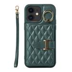 For iPhone 11 Horizontal Card Bag Ring Holder Phone Case with Dual Lanyard(Dark Green)