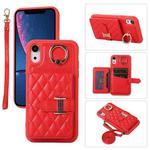 For iPhone XR Horizontal Card Bag Ring Holder Phone Case with Dual Lanyard(Red)