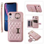For iPhone XR Horizontal Card Bag Ring Holder Phone Case with Dual Lanyard(Rose Gold)