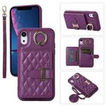 For iPhone XR Horizontal Card Bag Ring Holder Phone Case with Dual Lanyard(Purple)
