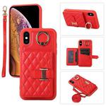 For iPhone XS Max Horizontal Card Bag Ring Holder Phone Case with Dual Lanyard(Red)