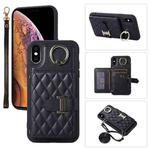 For iPhone XS Max Horizontal Card Bag Ring Holder Phone Case with Dual Lanyard(Black)