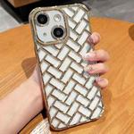 For iPhone 14 Plus Woven Grid 3D Electroplating Laser Engraving Phone Case(Gold)