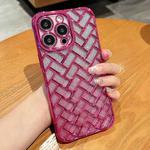 For iPhone 14 Pro Max Woven Grid 3D Electroplating Laser Engraving Glitter Paper Phone Case(Rose Red)