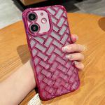 For iPhone 12 Woven Grid 3D Electroplating Laser Engraving Glitter Paper Phone Case(Rose Red)