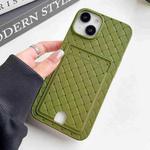For iPhone 14 Plus Weave Texture Card Slot Skin Feel Phone Case with Push Card Hole(Olive Green)