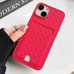 For iPhone 14 Weave Texture Card Slot Skin Feel Phone Case with Push Card Hole(Rose Red)