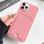 For iPhone 14 Pro Weave Texture Card Slot Skin Feel Phone Case with Push Card Hole(Pink)