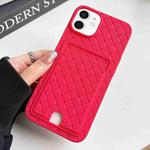 For iPhone 12 / 12 Pro Weave Texture Card Slot Skin Feel Phone Case with Push Card Hole(Rose Red)