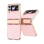 For Samsung Galaxy Z Flip4 5G Plated Plain Leather Folding Phone Case with Hinge(Pink)