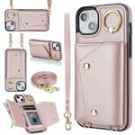 For iPhone 14 Zipper Card Bag Phone Case with Dual Lanyard(Rose Gold)