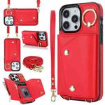 For iPhone 14 Pro Zipper Card Bag Phone Case with Dual Lanyard(Red)