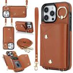 For iPhone 14 Pro Max Zipper Card Bag Phone Case with Dual Lanyard(Brown)