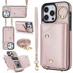 For iPhone 13 Pro Max Zipper Card Bag Phone Case with Dual Lanyard(Rose Gold)