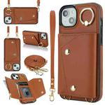 For iPhone 13 mini Zipper Card Bag Phone Case with Dual Lanyard(Brown)