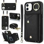 For iPhone 12 / 12 Pro Zipper Card Bag Phone Case with Dual Lanyard(Black)