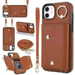 For iPhone 12 / 12 Pro Zipper Card Bag Phone Case with Dual Lanyard(Brown)