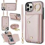 For iPhone 12 Pro Max Zipper Card Bag Phone Case with Dual Lanyard(Rose Gold)