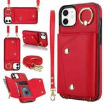 For iPhone 12 mini Zipper Card Bag Phone Case with Dual Lanyard(Red)