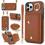 For iPhone 11 Pro Max Zipper Card Bag Phone Case with Dual Lanyard(Brown)