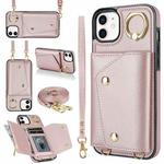 For iPhone 11 Zipper Card Bag Phone Case with Dual Lanyard(Rose Gold)