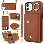 For iPhone 11 Zipper Card Bag Phone Case with Dual Lanyard(Brown)