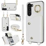 For Samsung Galaxy S23 5G Zipper Card Bag Phone Case with Dual Lanyard(White)