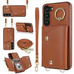 For Samsung Galaxy S23+ 5G Zipper Card Bag Phone Case with Dual Lanyard(Brown)