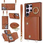 For Samsung Galaxy S23 Ultra 5G Zipper Card Bag Phone Case with Dual Lanyard(Brown)