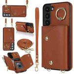 For Samsung Galaxy S22 5G Zipper Card Bag Phone Case with Dual Lanyard(Brown)