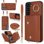 For Samsung Galaxy S22+ 5G Zipper Card Bag Phone Case with Dual Lanyard(Brown)