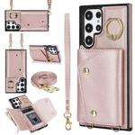 For Samsung Galaxy S22 Ultra 5G Zipper Card Bag Phone Case with Dual Lanyard(Rose Gold)