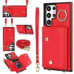For Samsung Galaxy S22 Ultra 5G Zipper Card Bag Phone Case with Dual Lanyard(Red)