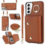 For Samsung Galaxy S21 5G Zipper Card Bag Phone Case with Dual Lanyard(Brown)