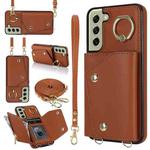 For Samsung Galaxy S21 FE 5G Zipper Card Bag Phone Case with Dual Lanyard(Brown)