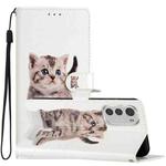 For Motorola Moto E32 Colored Drawing Leather Phone Case(Little Tabby Cat)