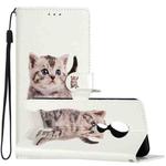 For Motorola Moto G7 Power Colored Drawing Leather Phone Case(Little Tabby Cat)