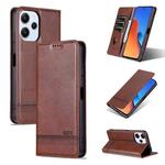 For Xiaomi Redmi 12 4G AZNS Magnetic Calf Texture Flip Leather Phone Case(Dark Brown)