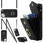 For iPhone 14 Plus Rhombic Texture Card Bag Phone Case with Long Lanyard(Black)