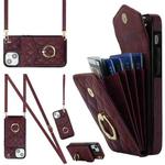 For iPhone 14 Rhombic Texture Card Bag Phone Case with Long Lanyard(Wine Red)