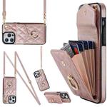 For iPhone 14 Pro Rhombic Texture Card Bag Phone Case with Long Lanyard(Rose Gold)