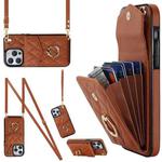 For iPhone 14 Pro Rhombic Texture Card Bag Phone Case with Long Lanyard(Brown)