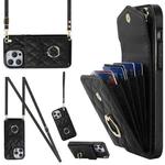 For iPhone 14 Pro Max Rhombic Texture Card Bag Phone Case with Long Lanyard(Black)