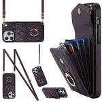 For iPhone 14 Pro Max Rhombic Texture Card Bag Phone Case with Long Lanyard(Dark Purple)