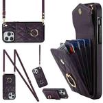 For iPhone 13 Pro Max Rhombic Texture Card Bag Phone Case with Long Lanyard(Dark Purple)
